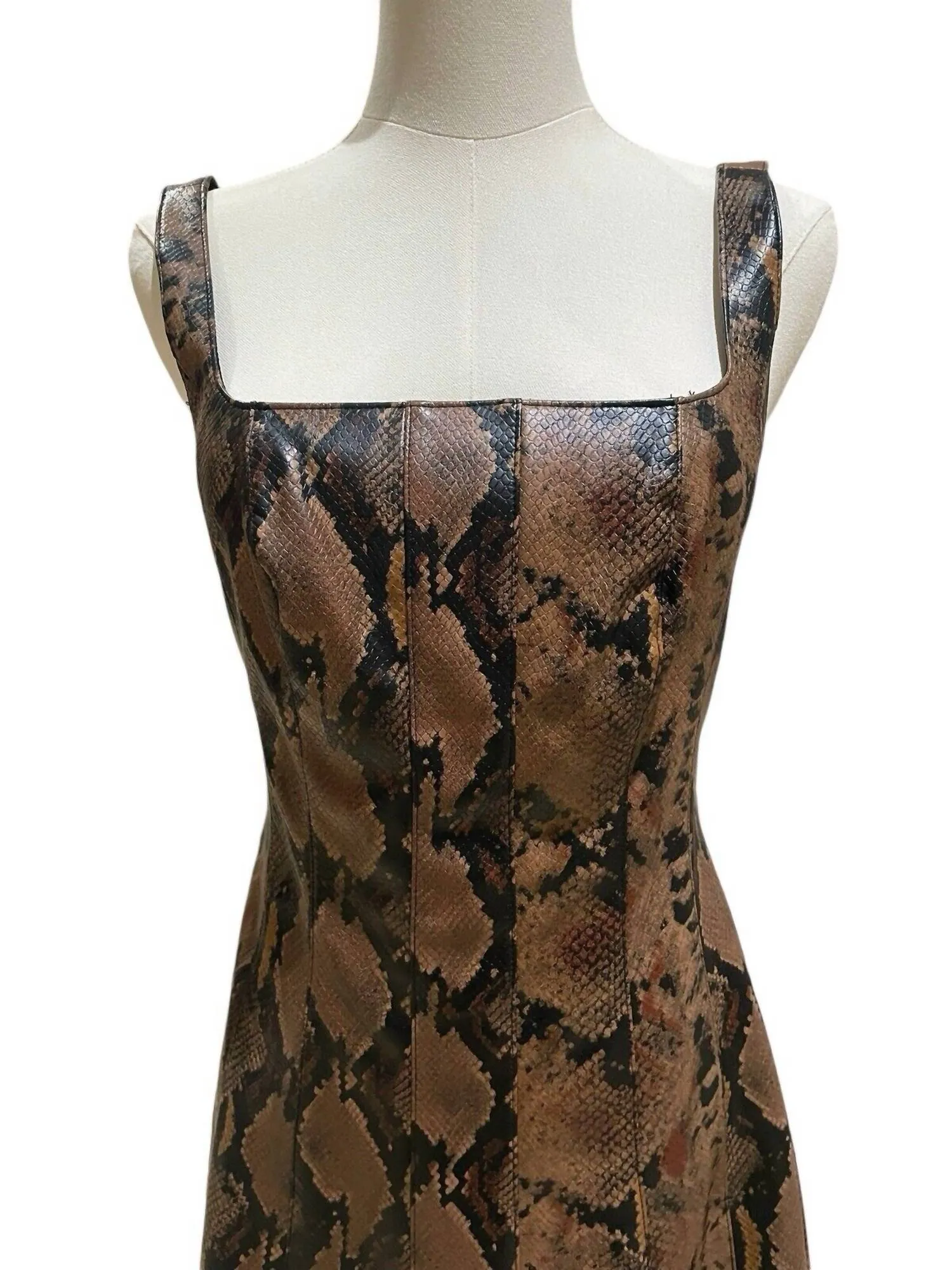 7 For All Mankind - Snake Faux Leather Square Neck Sleeveless Midi Dress