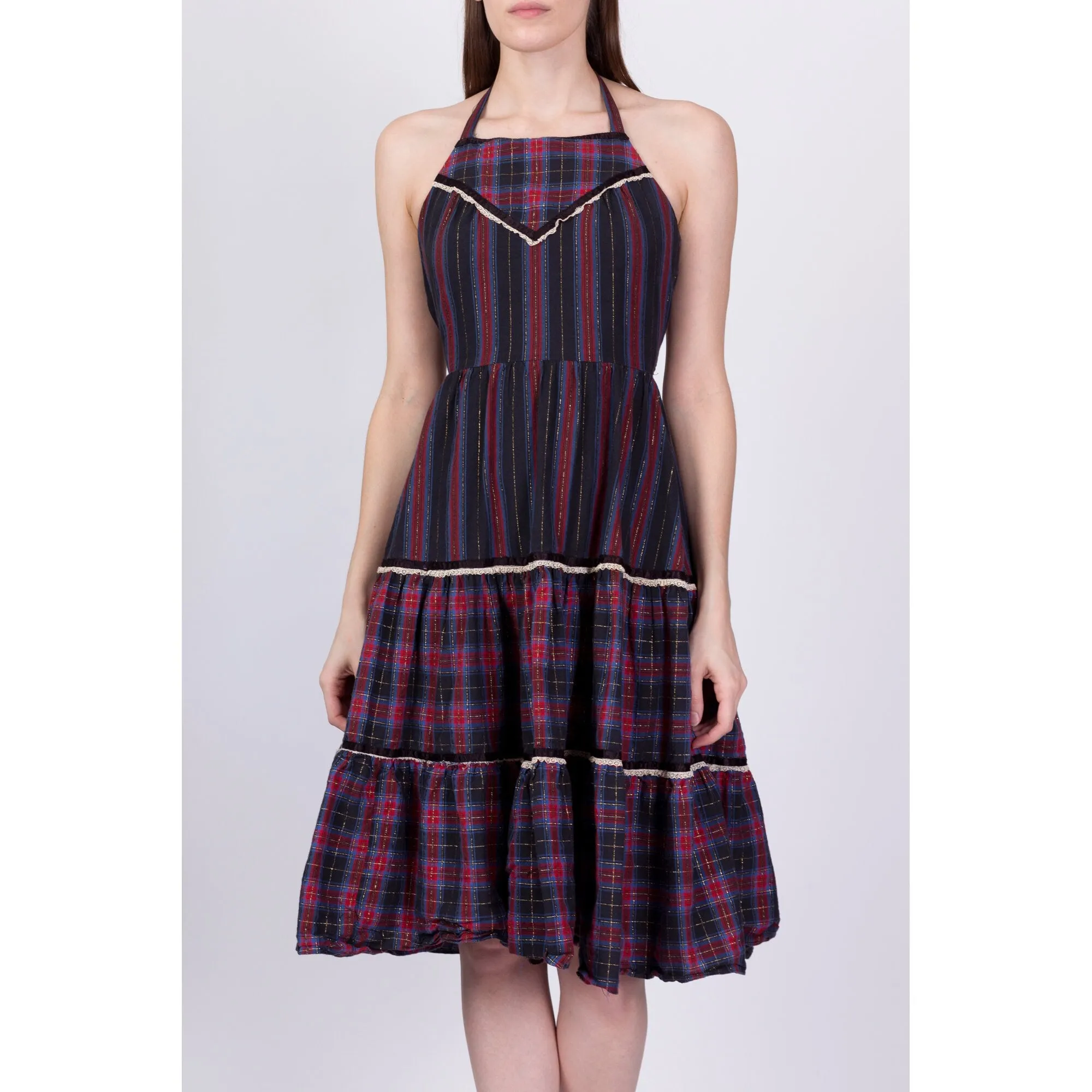 70s Plaid Tiered Halter Midi Dress - Petite Small