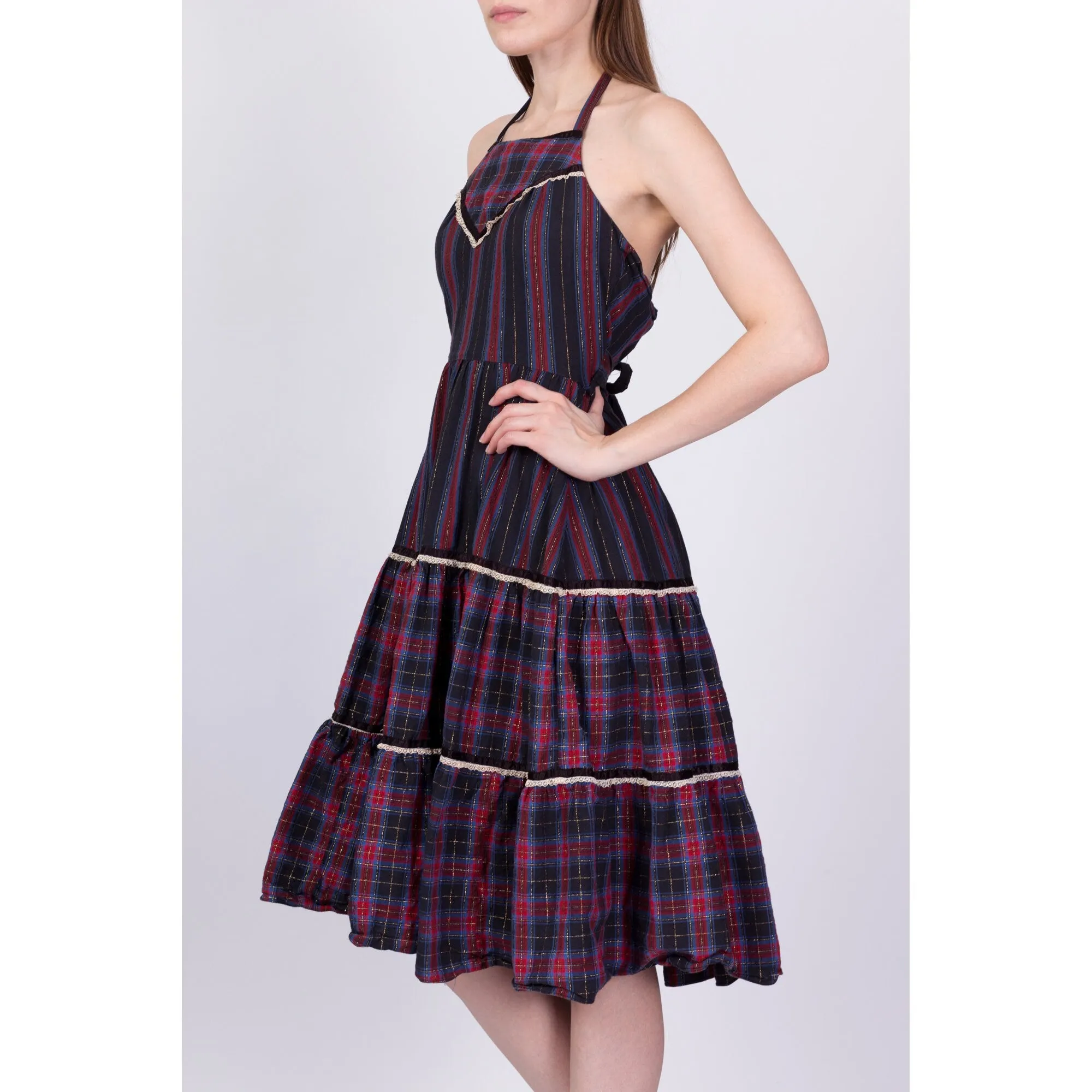 70s Plaid Tiered Halter Midi Dress - Petite Small