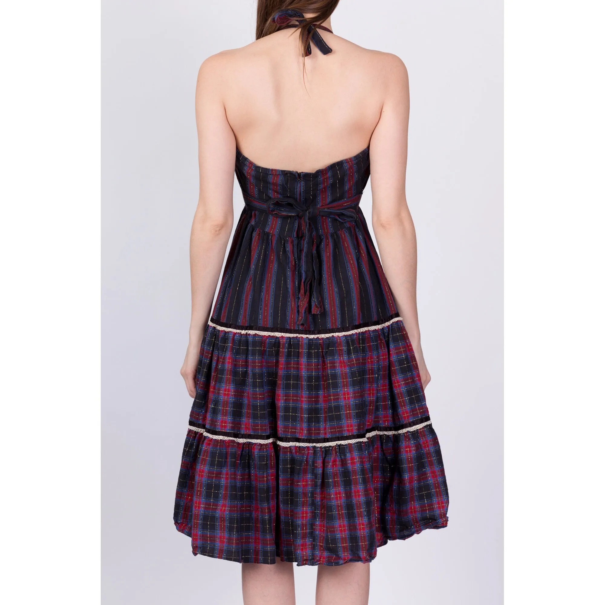 70s Plaid Tiered Halter Midi Dress - Petite Small