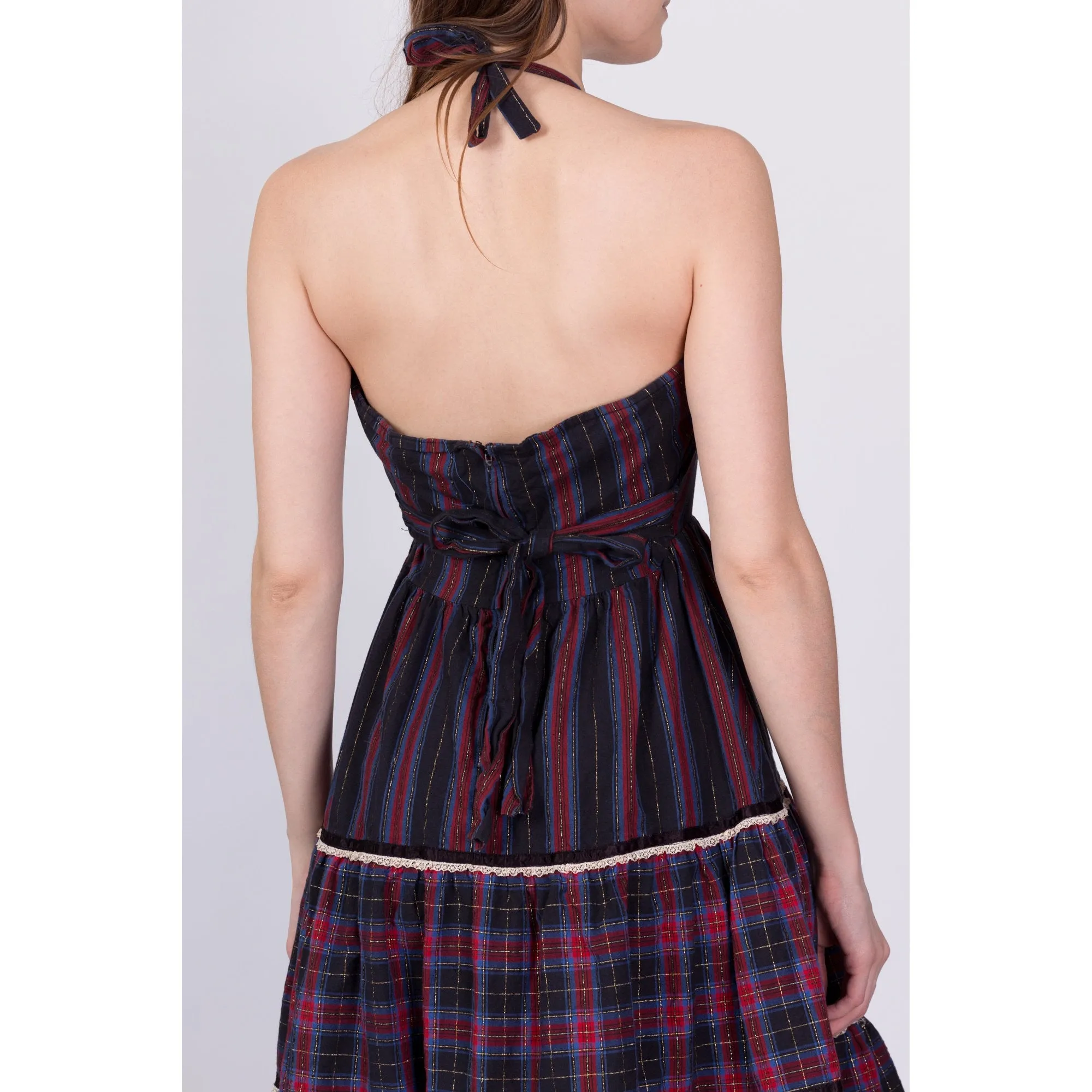 70s Plaid Tiered Halter Midi Dress - Petite Small