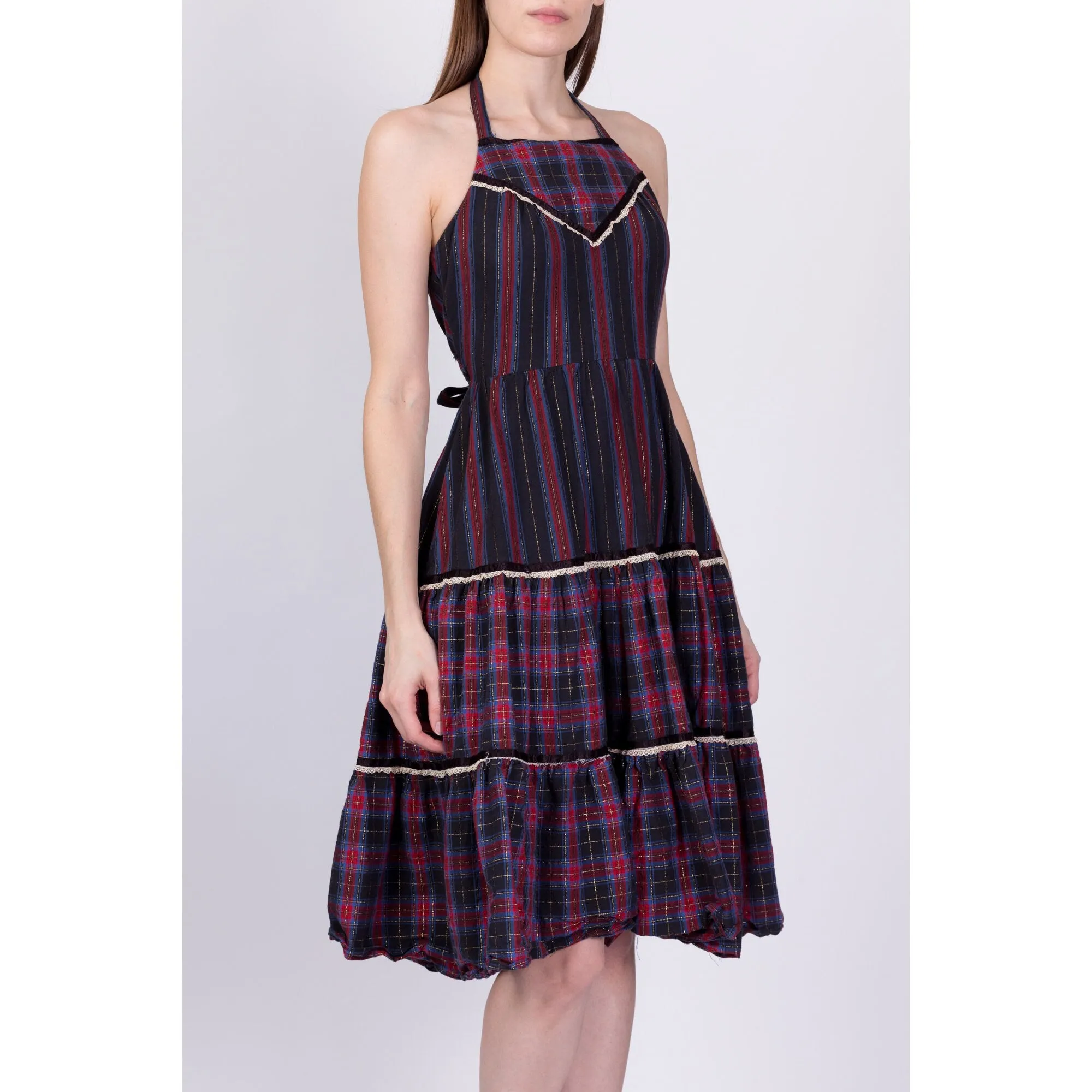 70s Plaid Tiered Halter Midi Dress - Petite Small