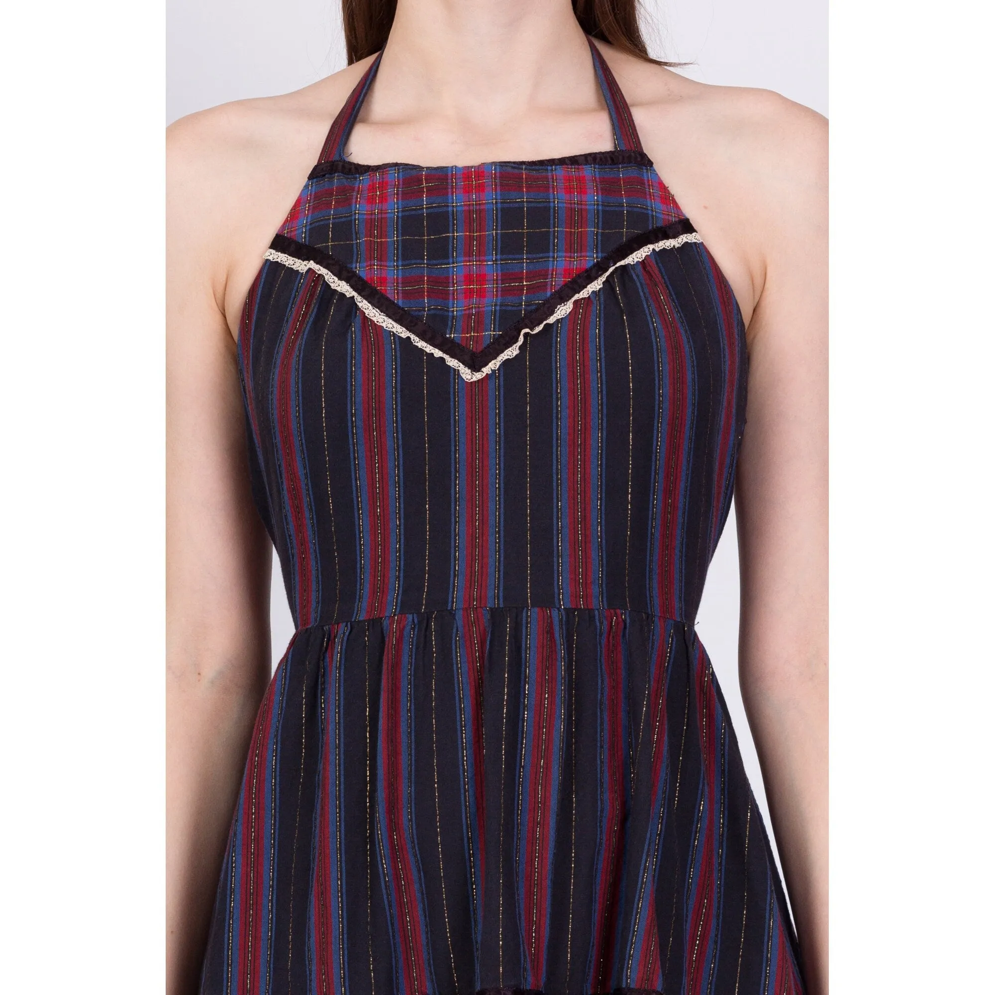 70s Plaid Tiered Halter Midi Dress - Petite Small