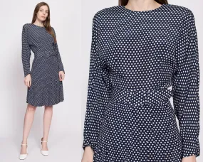 80s Polka Dot Belted Dolman Sleeve Dress - Small