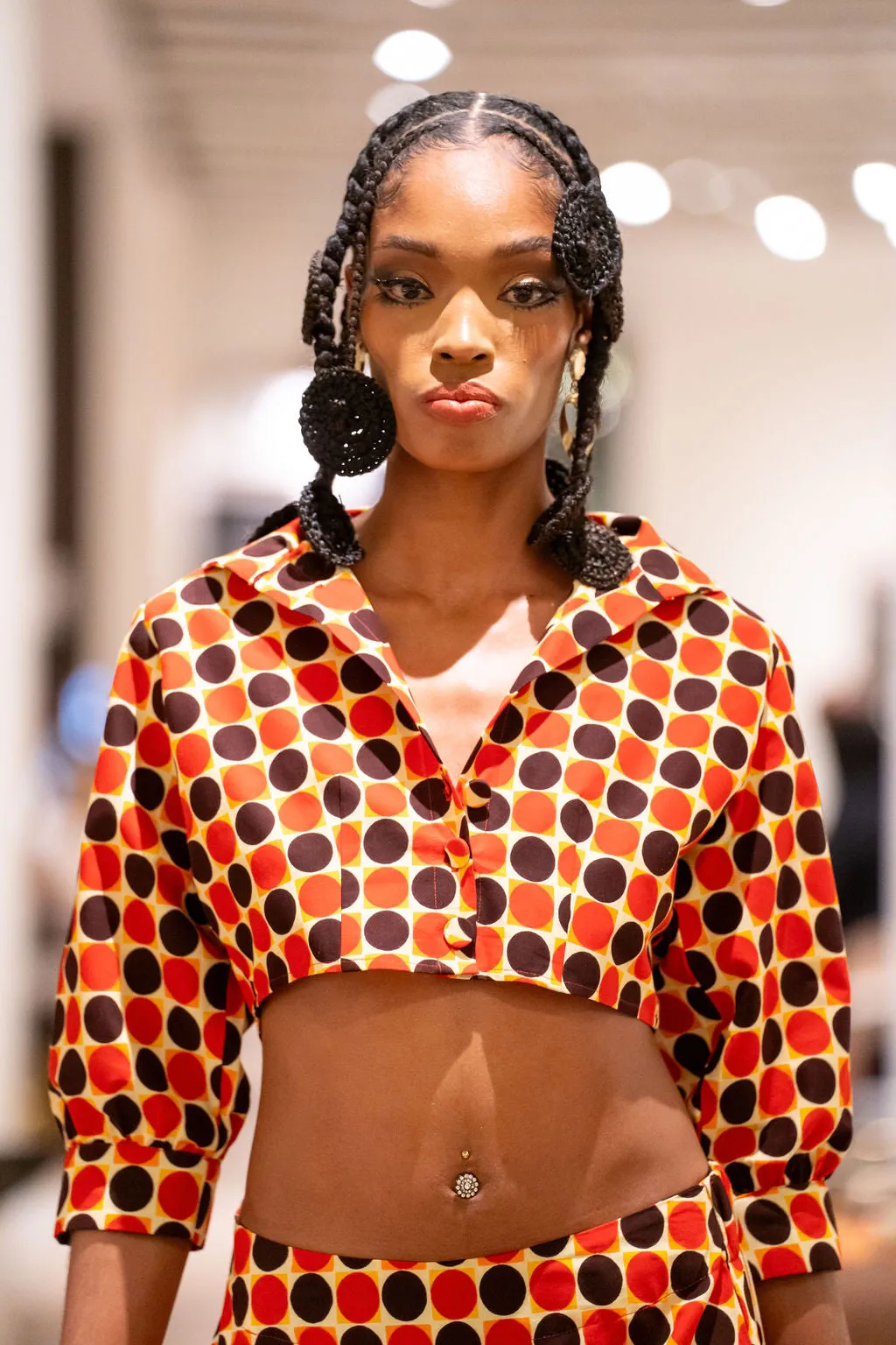 Archive Sale! Bold Polka Dot Two-Piece Set – Red, Orange & Black Crop Top & Midi Skirt