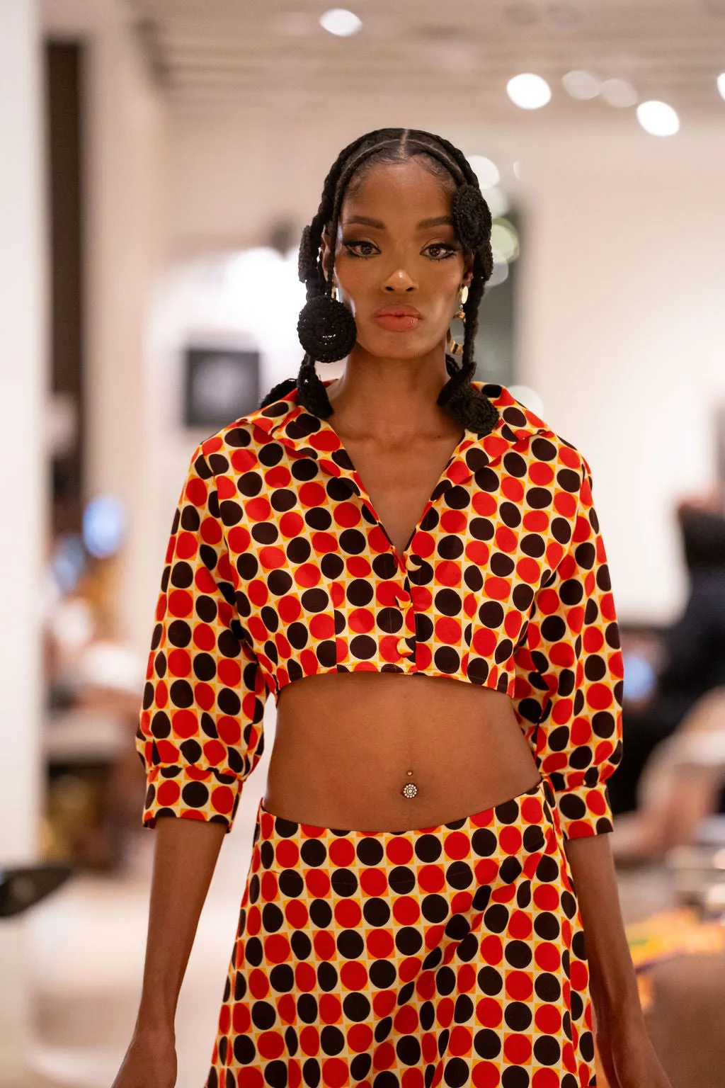 Archive Sale! Bold Polka Dot Two-Piece Set – Red, Orange & Black Crop Top & Midi Skirt
