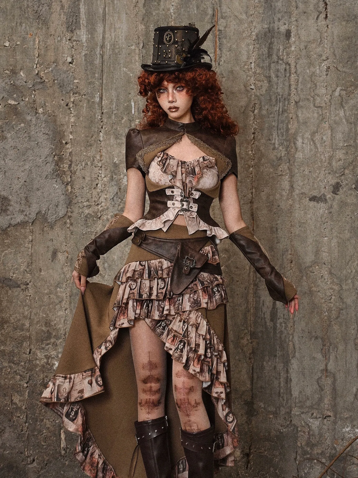 Bag Ruffle Trailing Skirt PU Waist Steampunk Antique Retro
