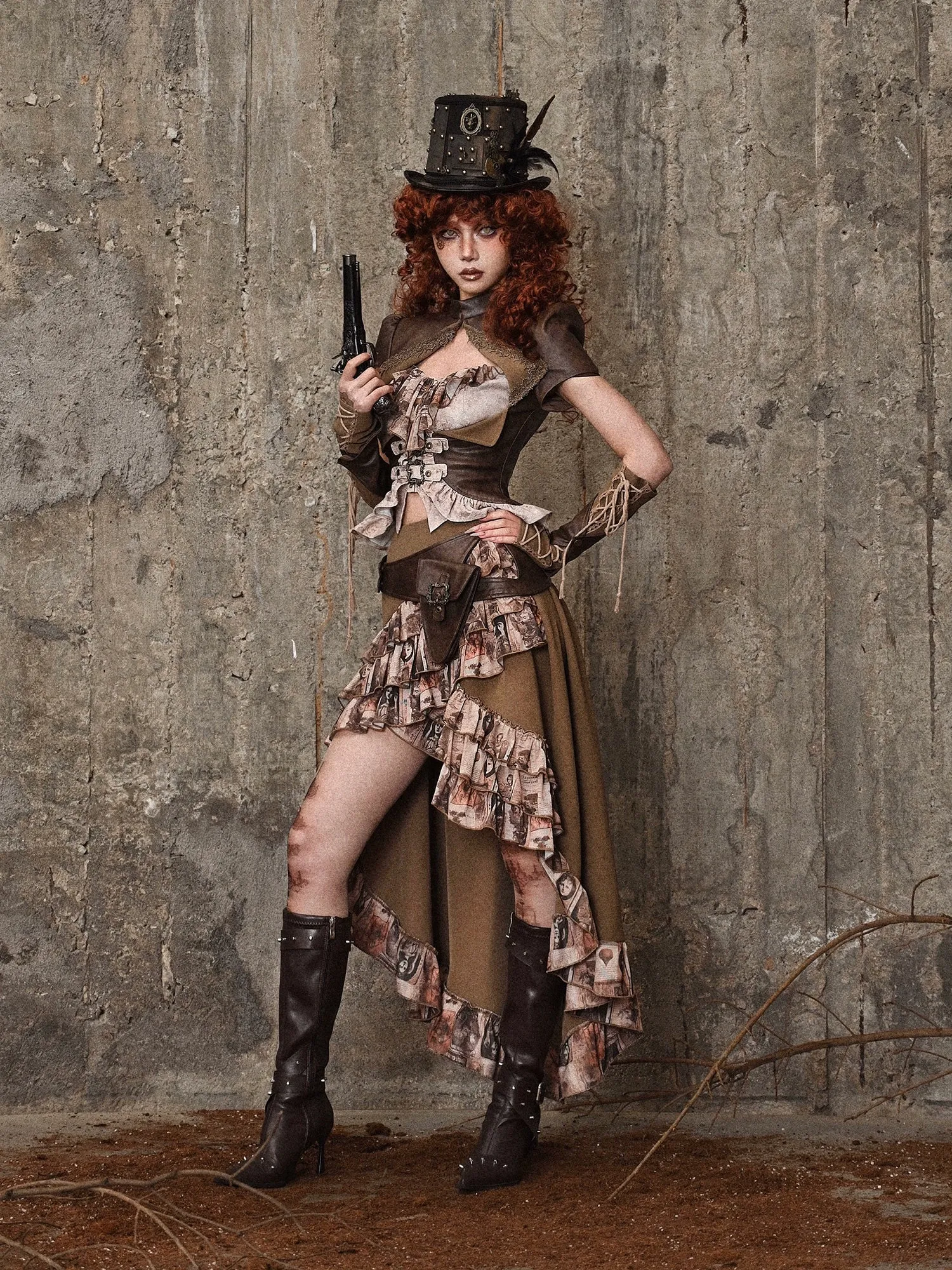 Bag Ruffle Trailing Skirt PU Waist Steampunk Antique Retro