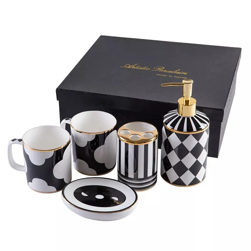 Black And White Geometric Bathroom Accessory Set