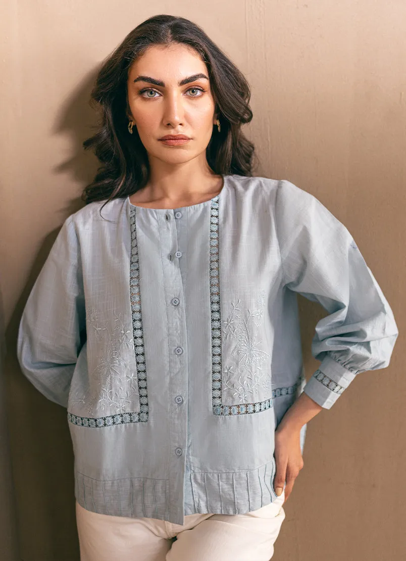 Blue Embroidered Button Down Top