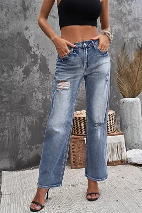 Blue High Rise Washed Distressed Flare Jeans