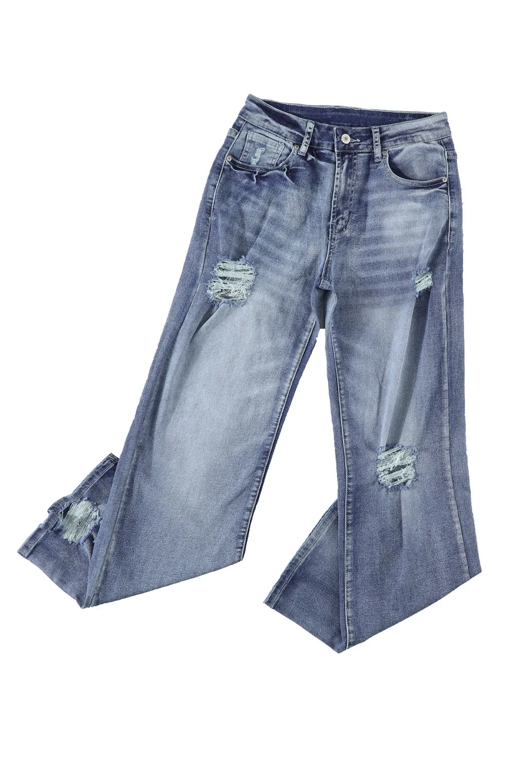 Blue High Rise Washed Distressed Flare Jeans