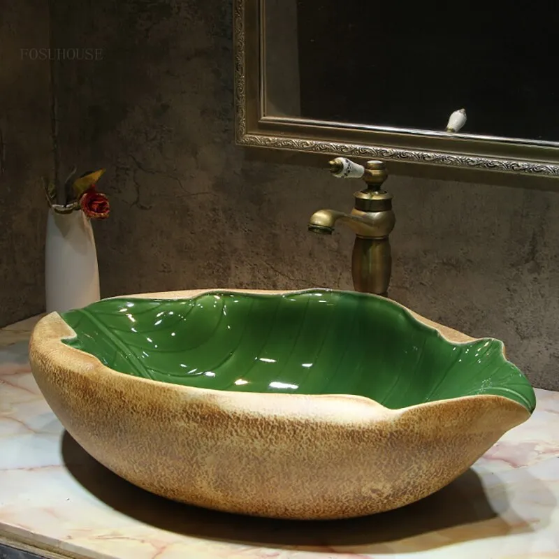 Ceramic Art Bathroom Sinks Bathroom Creative Leaf Shape Wash Basin