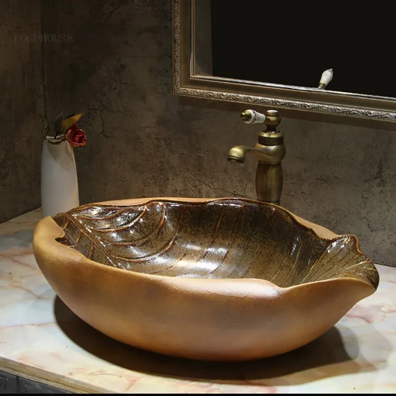 Ceramic Art Bathroom Sinks Bathroom Creative Leaf Shape Wash Basin