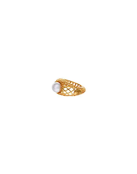Gold plated silver cutout ring. Round white pearl of 8mm for men and women ETNA Collection