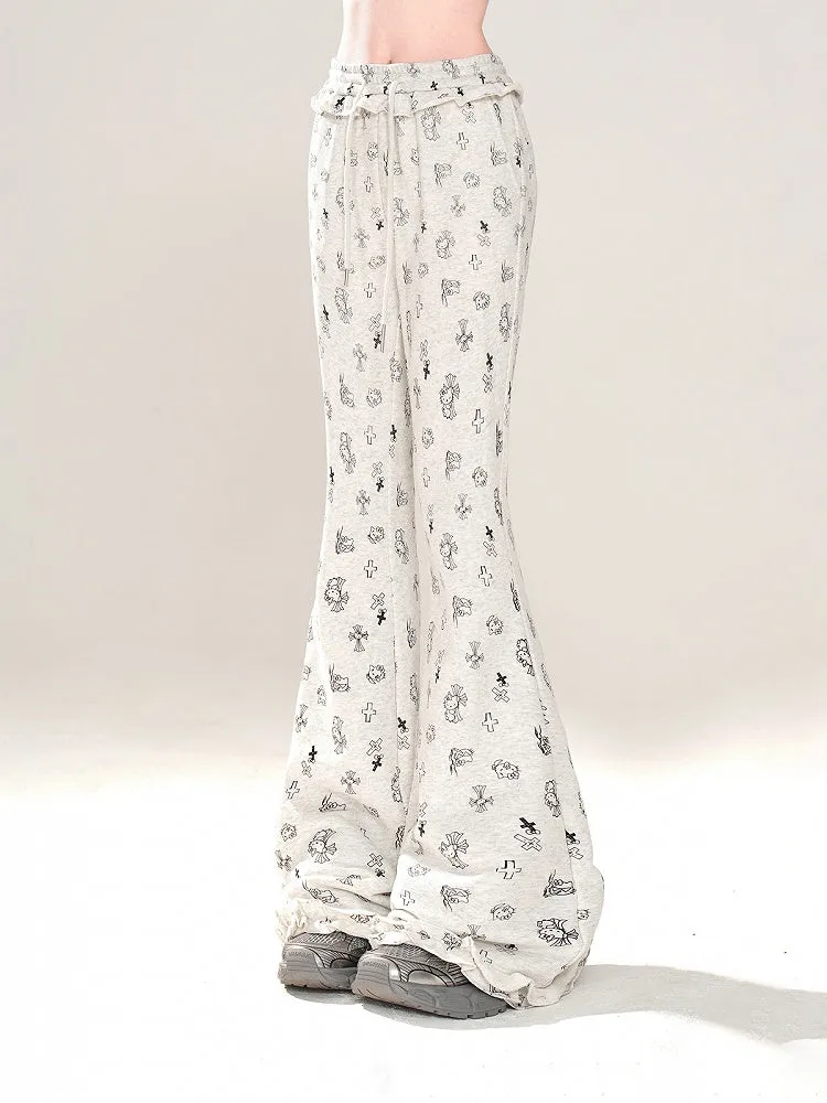 Gray Glamorous Kitty and Cross Print Drawstring Flared Pants Waist