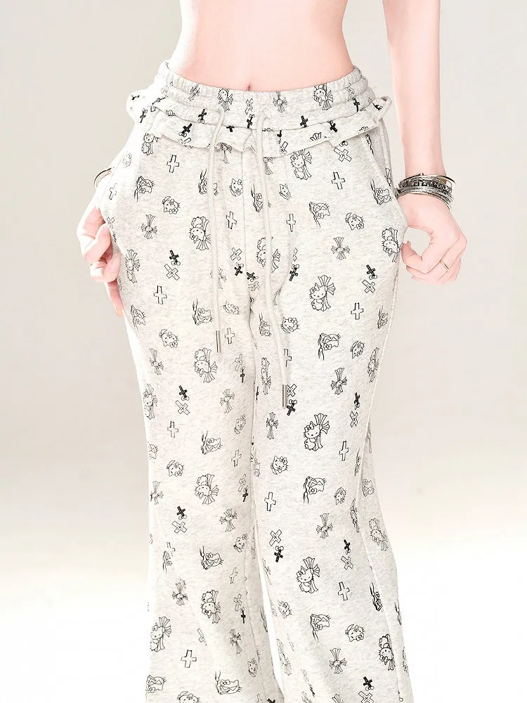 Gray Glamorous Kitty and Cross Print Drawstring Flared Pants Waist