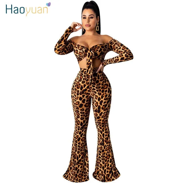 HAOYUAN Leopard Snake Print 2 Piece Set Women Fall Festival Long Sleeve Crop Top Pant Two Piece Matching Sets Sexy Club Outfits