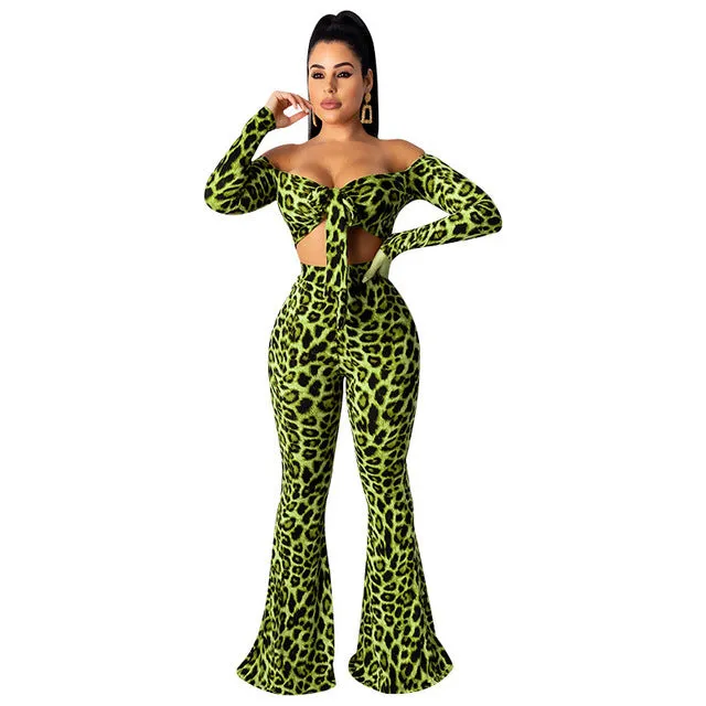 HAOYUAN Leopard Snake Print 2 Piece Set Women Fall Festival Long Sleeve Crop Top Pant Two Piece Matching Sets Sexy Club Outfits