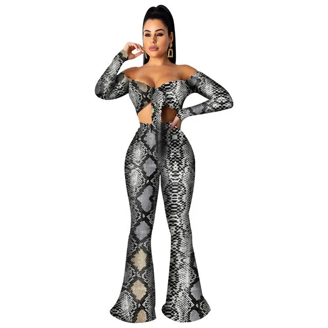 HAOYUAN Leopard Snake Print 2 Piece Set Women Fall Festival Long Sleeve Crop Top Pant Two Piece Matching Sets Sexy Club Outfits