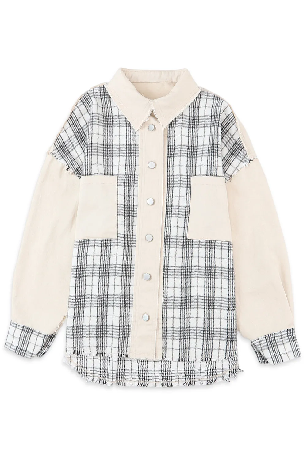 Khaki Distressed Raw Edge Plaid Patchwork Denim Jacket
