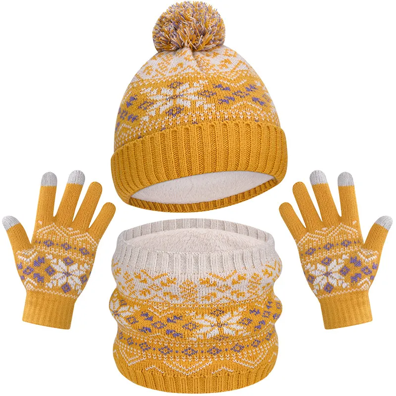 Kid Thermal Wool Knitting Hat Scarf  Gloves Set Aged 5-12 Touchscreen Lovely Toddler Mitten
