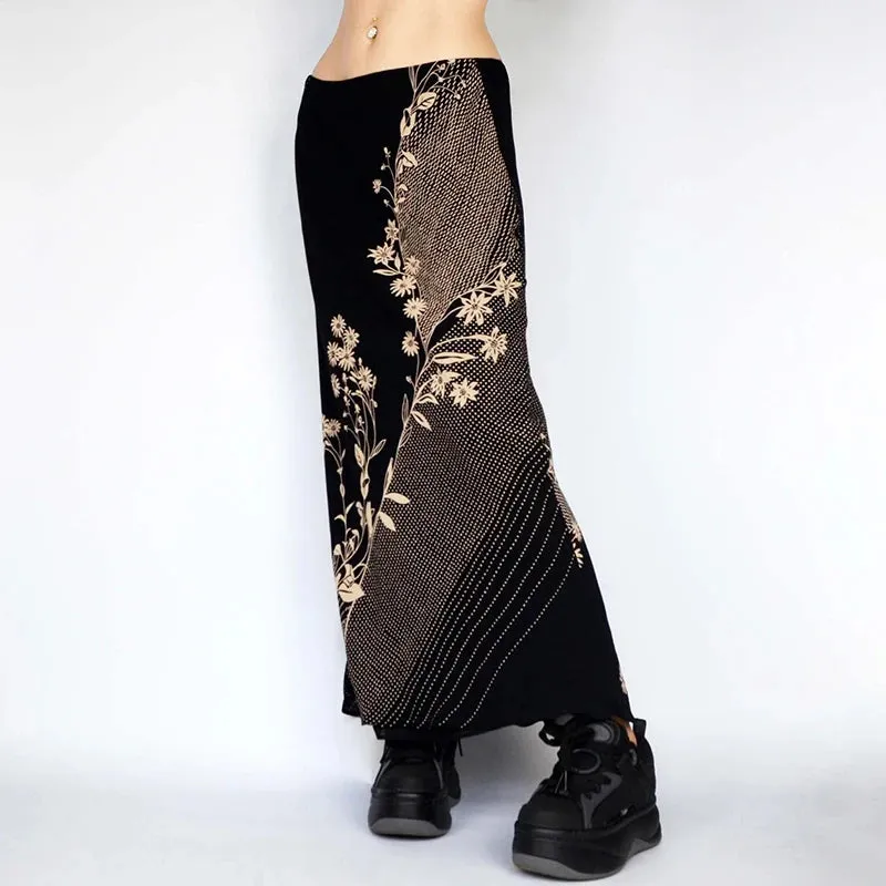 LVSANW CIBBAR Vintage Floral Print Long Skirts y2k Retro Low Rise Straight Midi Skirt for Women Harajuku Ladies Bottoms 90s Aesthetic
