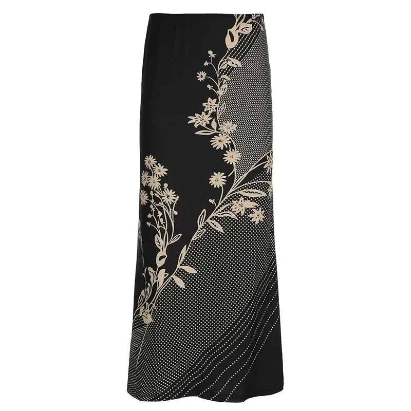 LVSANW CIBBAR Vintage Floral Print Long Skirts y2k Retro Low Rise Straight Midi Skirt for Women Harajuku Ladies Bottoms 90s Aesthetic