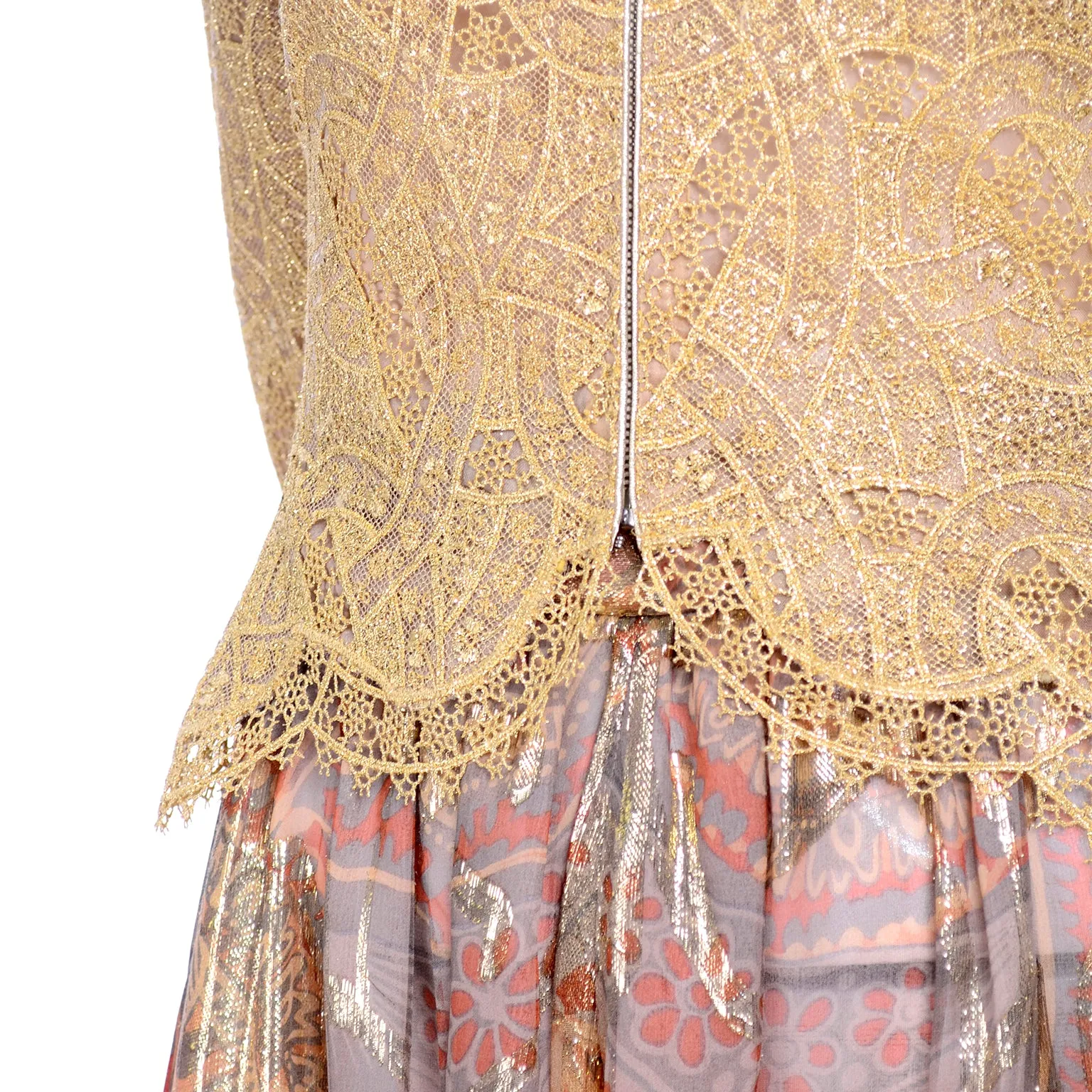 Mary McFadden Couture Gold Lame Print Harem Pants & Gold Lace Top