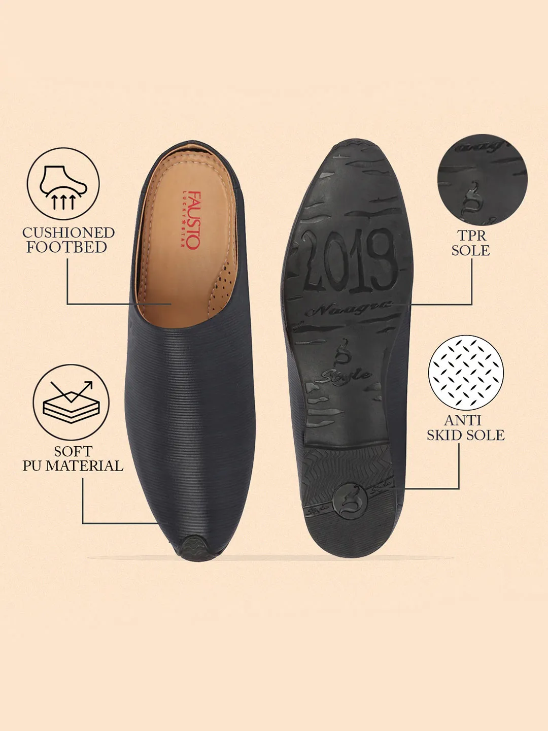 Men Blue Back Open Classic Design Textured Slip-On Ethnic Juttis and Mojaris