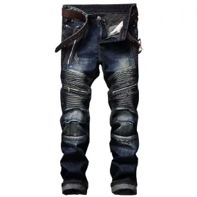 Men's Pleated Slim Fit Biker Jeans