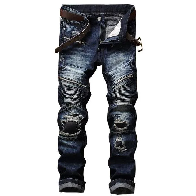 Men's Pleated Slim Fit Biker Jeans