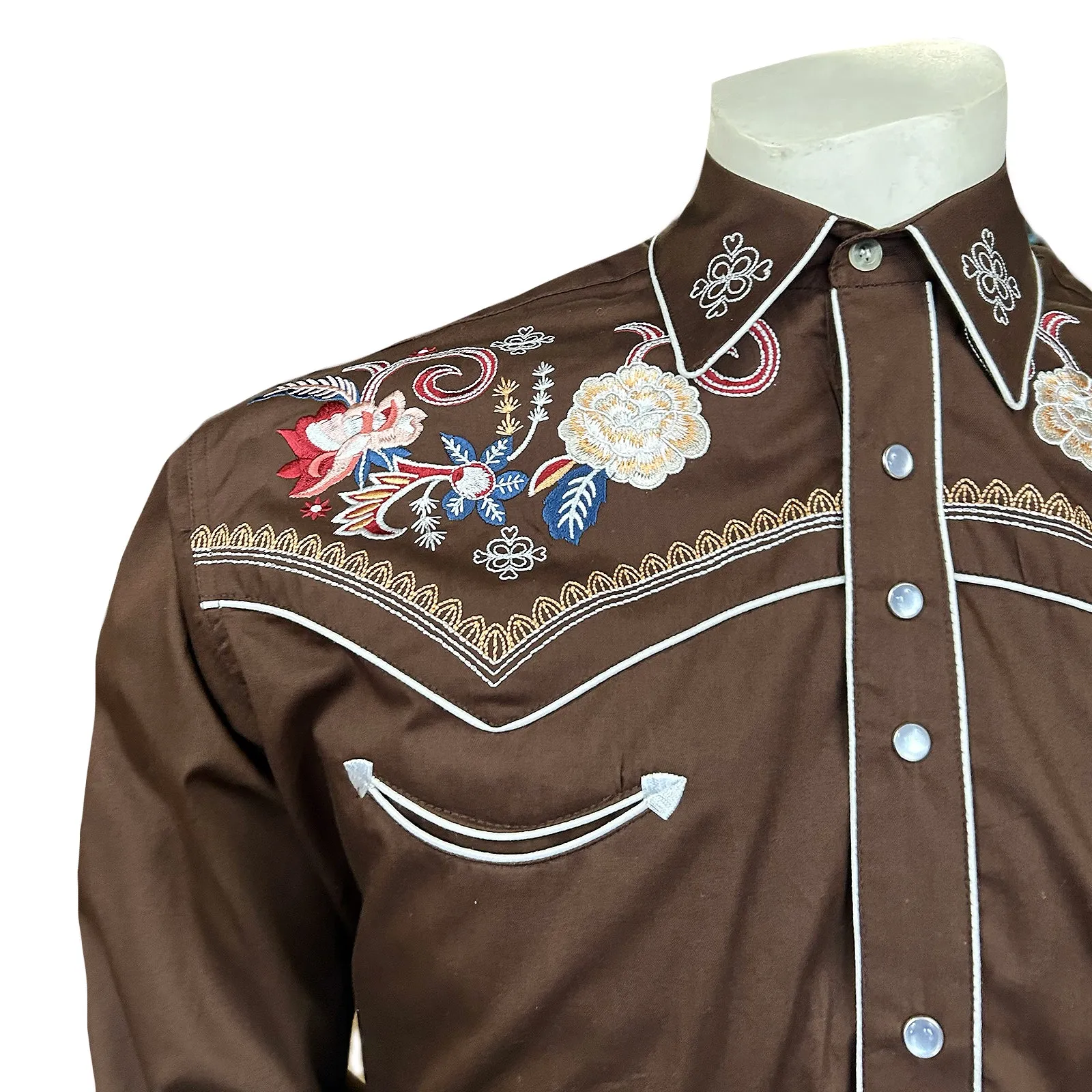 Men's Vintage Brown Pastel Floral Embroidery Western Shirt
