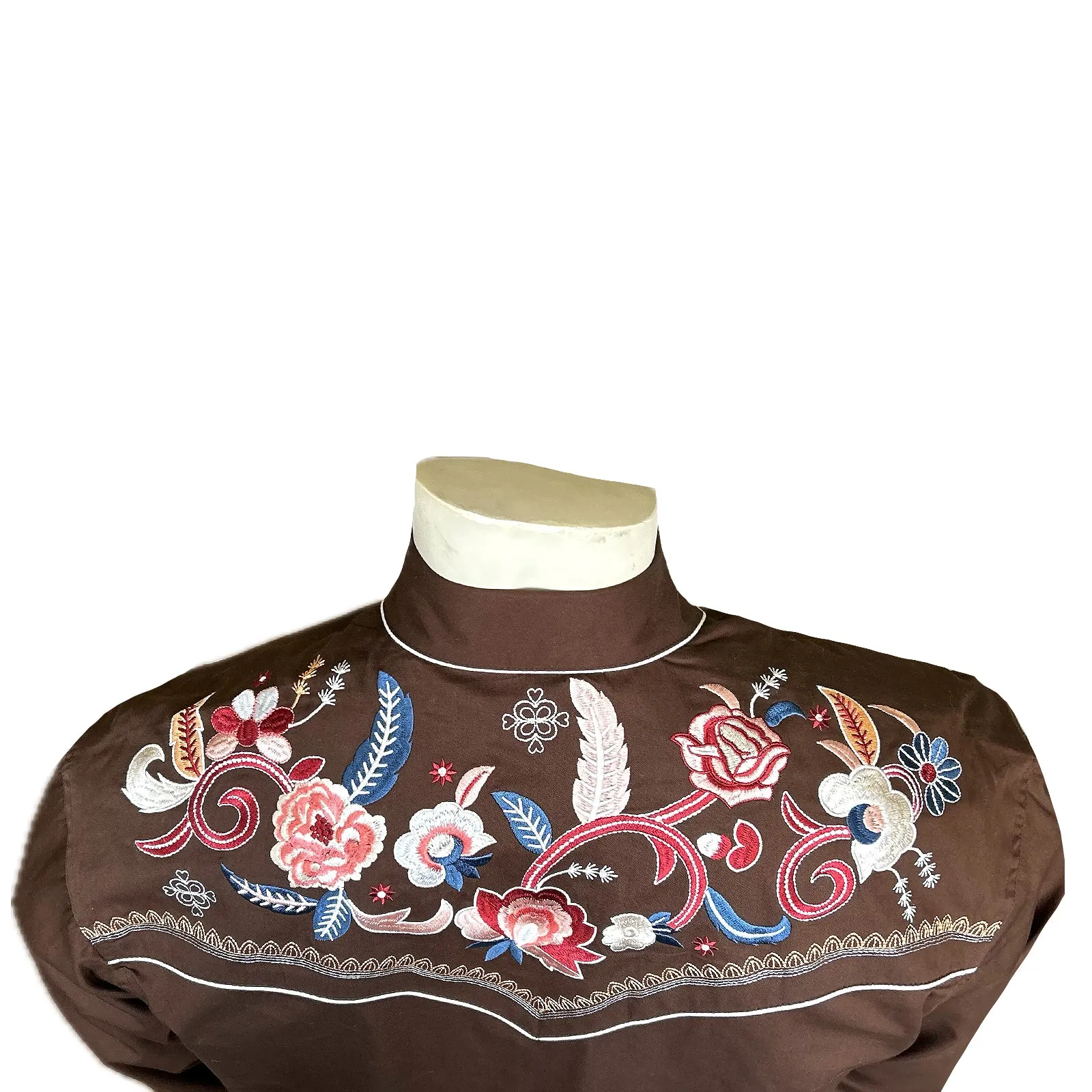 Men's Vintage Brown Pastel Floral Embroidery Western Shirt