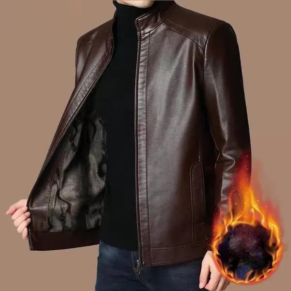 Mens Warm Plush Lining Leather Jacket Coat - Gift for Him!