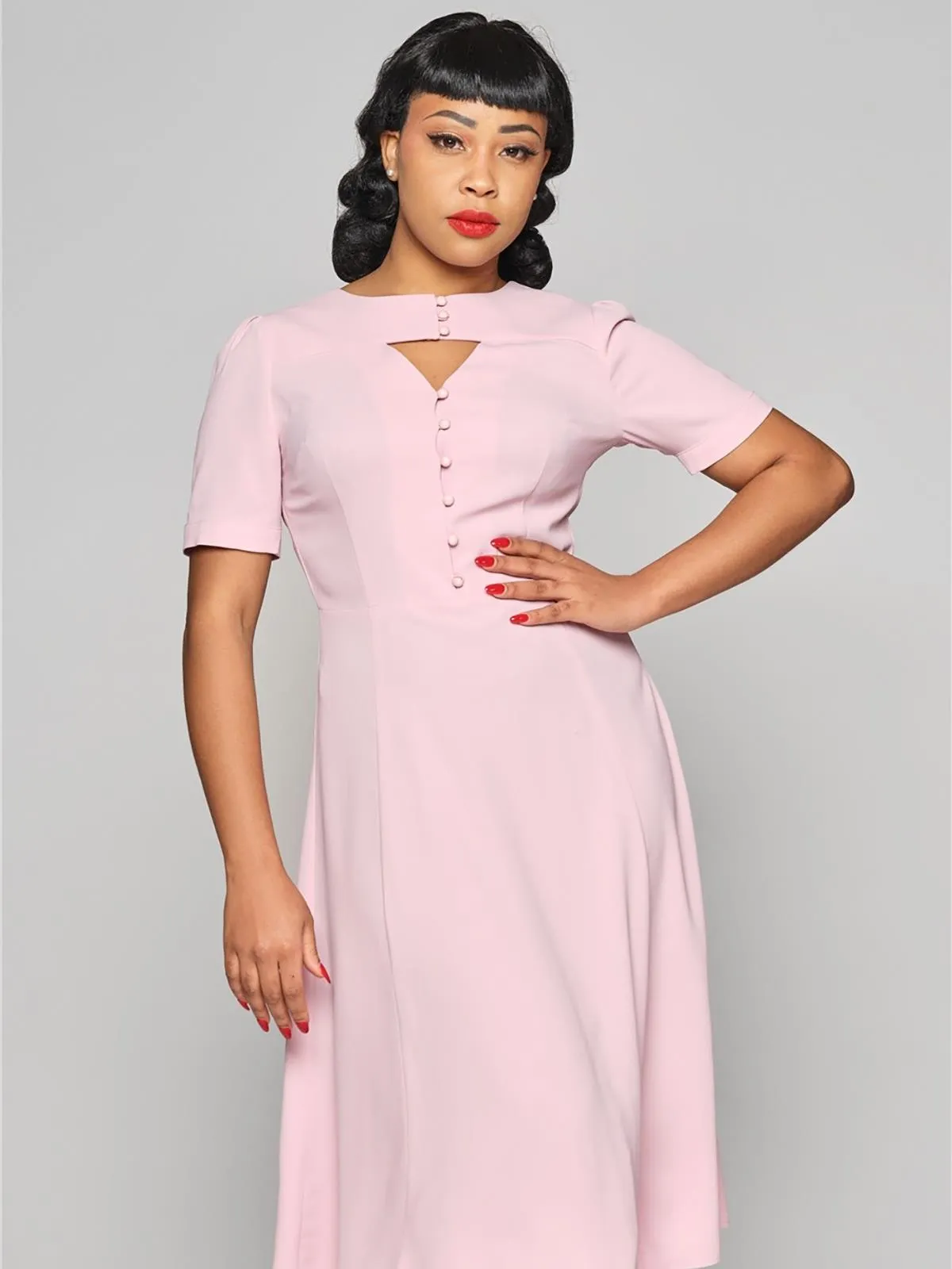 Pink Buttoned Cut-Out Vintage Style Dress