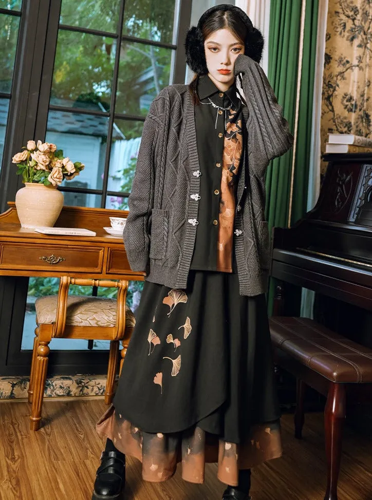 Shirt Print Classic China Retro Leaf Design Collection Skirt Elegant