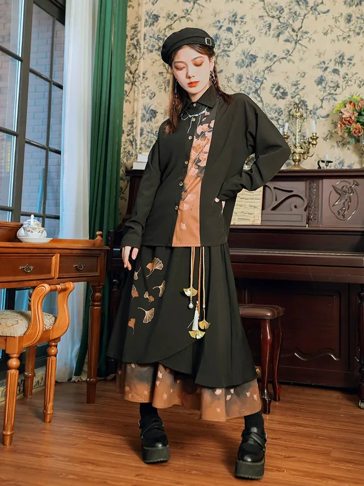 Shirt Print Classic China Retro Leaf Design Collection Skirt Elegant