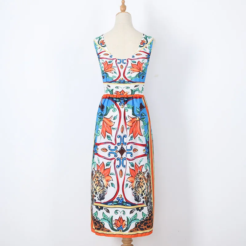 Sleeveless midi retro print dress