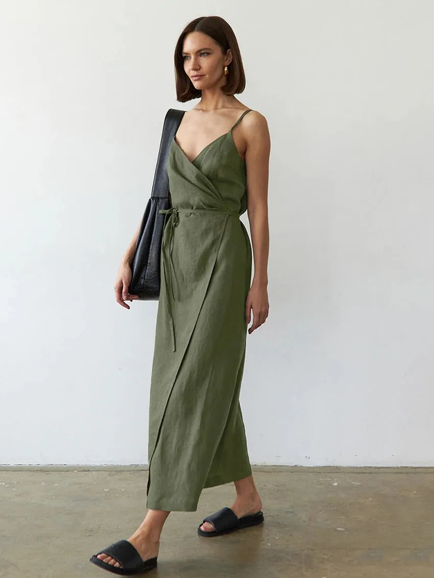 Summer's Casual Cotton Wrap Midi Dress for Women