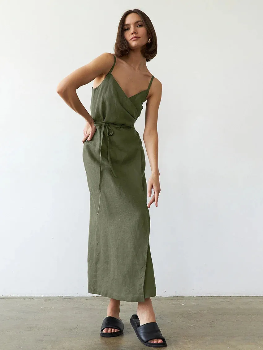 Summer's Casual Cotton Wrap Midi Dress for Women