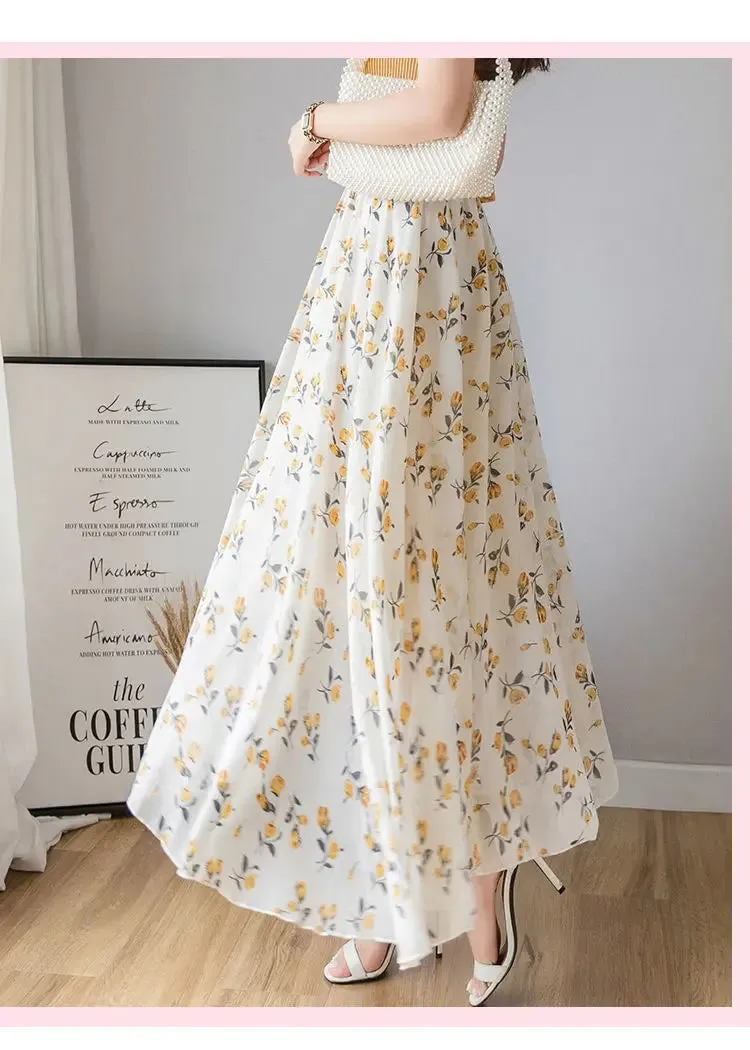 Toleet-2024 Retro Floral Print A-line Pleated Long Skirt Summer Women's Street Clothing Drawstring Elastic Waist Midi Skirt P857