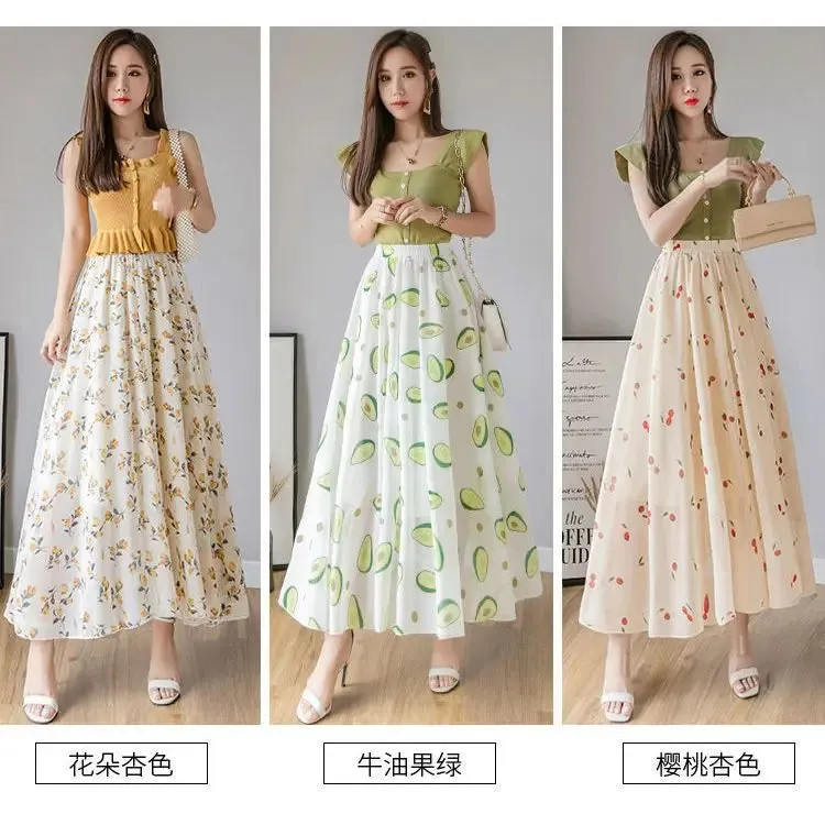 Toleet-2024 Retro Floral Print A-line Pleated Long Skirt Summer Women's Street Clothing Drawstring Elastic Waist Midi Skirt P857