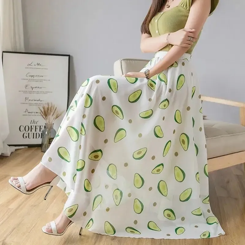 Toleet-2024 Retro Floral Print A-line Pleated Long Skirt Summer Women's Street Clothing Drawstring Elastic Waist Midi Skirt P857