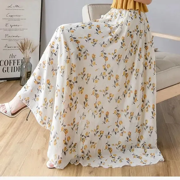 Toleet-2024 Retro Floral Print A-line Pleated Long Skirt Summer Women's Street Clothing Drawstring Elastic Waist Midi Skirt P857