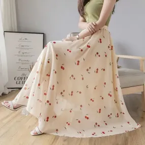Toleet-2024 Retro Floral Print A-line Pleated Long Skirt Summer Women's Street Clothing Drawstring Elastic Waist Midi Skirt P857